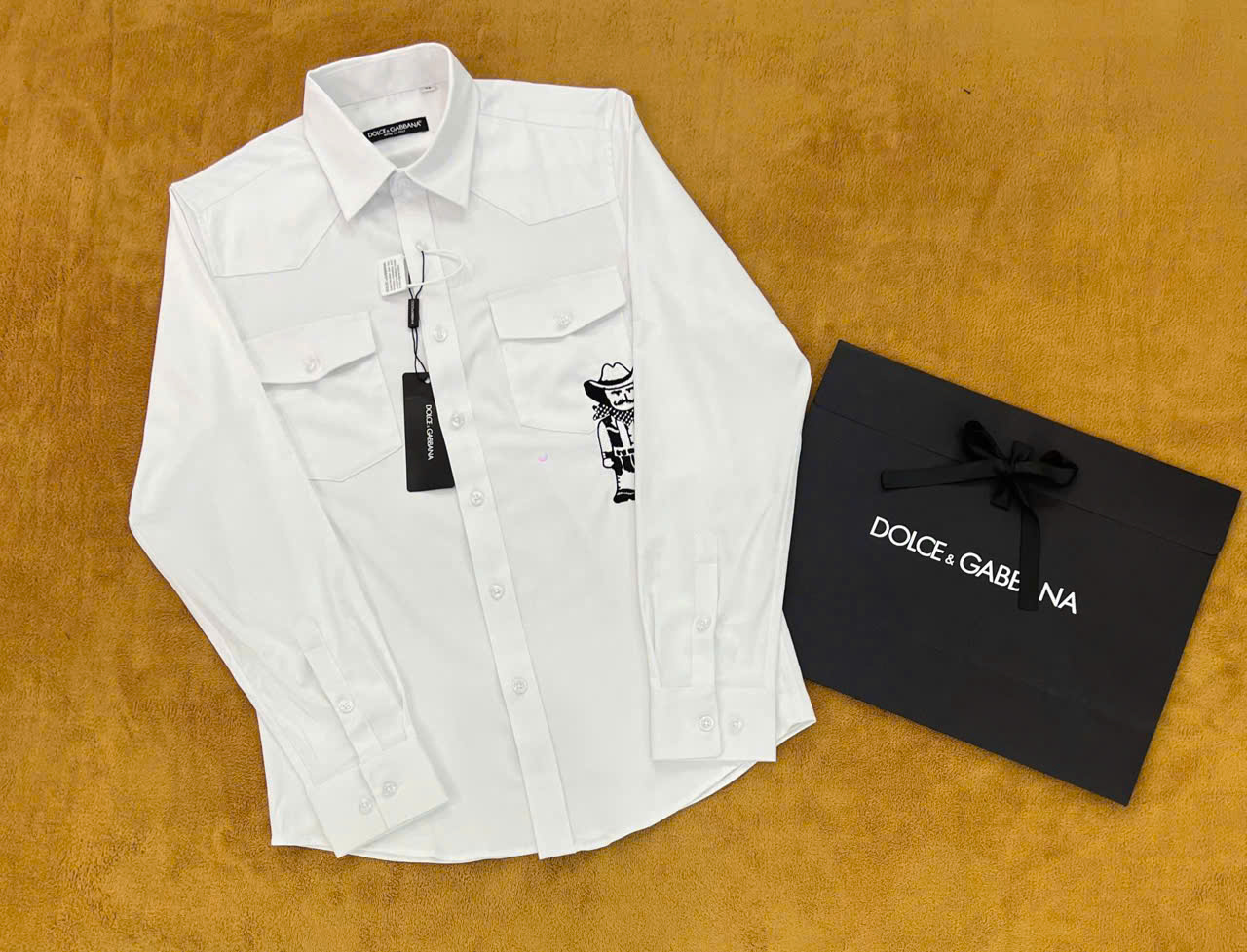 Áo sơ mi dài tay Dolce Gabbana DG Trắng phối túi ngực thêu cao bồi Like Auth on web NV